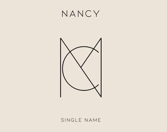 Może przedstawiać: Minimalistyczne logo z nazwą "NANCY" nad stylizowaną literą "N" utworzoną z nakładających się linii i koła.