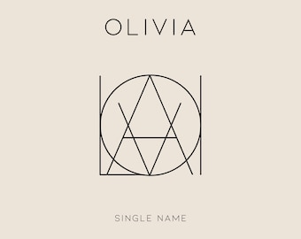 Może przedstawiać: Minimalistyczne logo z nazwą "OLIVIA" w dużych literach nad geometrycznym symbolem. Symbol to koło z trójkątem w środku, a koło przecinają dwie pionowe linie.