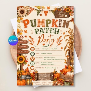 Może przedstawiać: Prostokątne zaproszenie z napisem PUMPKIN PATCH PARTY oraz jesiennymi ilustracjami słoneczników, dyń, kukurydzy i girland. Tekst zawiera datę, godzinę, lokalizację, RSVP oraz dane gospodarza na kremowym tle.