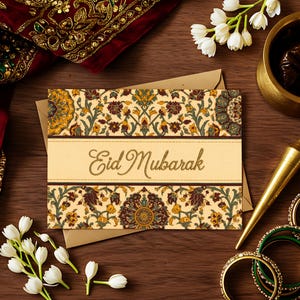 Cartão Eid Mubarak – Design de mandala floral feito à mão – Cartão de felicitações islâmico elegante para impressão de Eid-ul-Fitr/Eid-ul-Adha (download instantâneo)