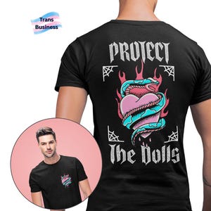 May include: Black t-shirt featuring a graphic of a heart pierced by a snake with flames and the text "Protect the Dolls".
