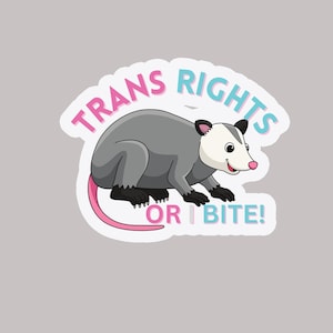 May include: A sticker featuring a cartoon opossum with the text "TRANS RIGHTS" in pink and "OR BITE!" in blue. The opossum is gray with a pink tail and a white face.
