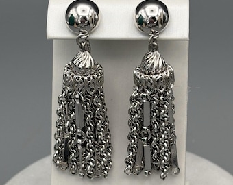 Monet Damita Silver Tone Tassel Clip On Earrings Vintage Filigree Drop 2 Inch