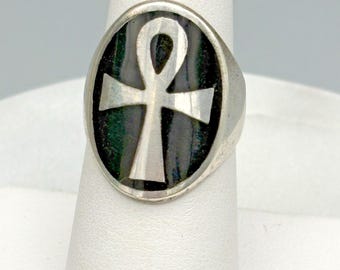 Vintage Sterling Silver Ankh Cross Oval Signet Ring Onyx Size 6.75 Egyptian