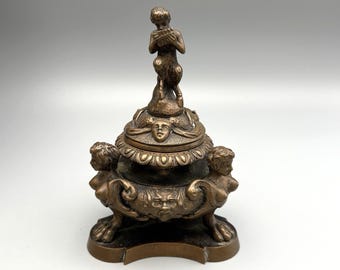 Antique French Bronze Inkwell Figured Faun Winged Satyr Griffon Sphinx 1800s