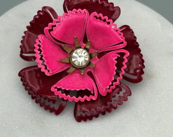 Vintage Enamel Metal Flower Brooch Dimensional Pink MOD Pop Art