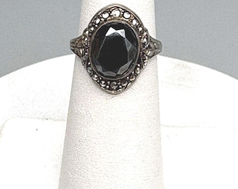 Vintage Sterling Silver Ring 925 Size 5.25 Hematite CZ Pretty Victorian Revival