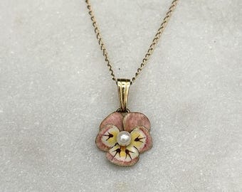 Antique 14K Yellow Gold Pink Enamel Pansy Pearl Flower Pendant 16” Necklace