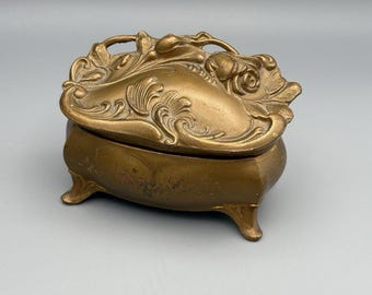 Vintage Art Nouveau Gold Gilded Pot Metal Dresser Jewelry Box Silk Lined