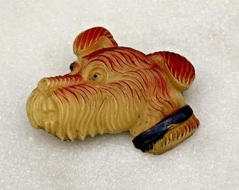 Vintage Celluloid Dog Brooch Hand Painted 1930s Terrier Scotty Schnauzer