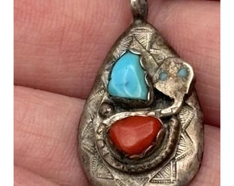 Vintage Effie C Zuni Sterling Silver Pendant Coral and Turquoise Snake Calavaza