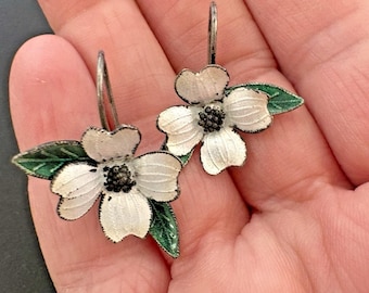 Vintage Thousand Flowers Dogwood Flower Enamel Earrings Sterling Silver 925