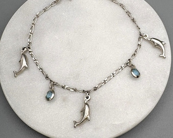 Vintage Sterling Silver Charm Bracelet Dolphins Light Blue Stones 7" Nautical