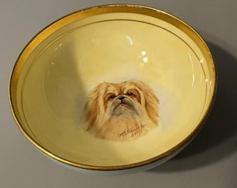 Paragon England Double Warrant Bowl Hand Painted Dog Pekingese Gold Rim