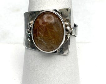 Vintage Sterling Silver Ring Rutilated Quartz Size 8.5 Handmade 925 Hammered
