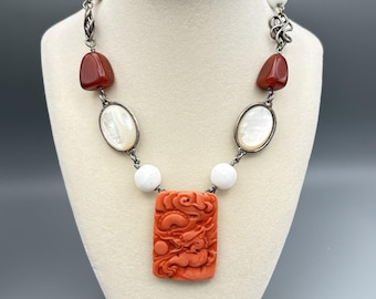 Rare Vintage Philippe Ferrandis Paris Necklace Coral Mother of Pearl Carnelian