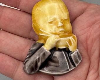 Vintage Ceramic Brooch Child Eating Ramen Chopsticks Figural Asian