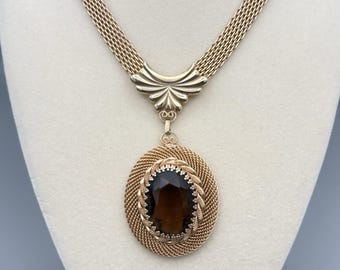 Vintage Mesh Chain Pendant Necklace Brown Faceted Stone Retro Gorgeous