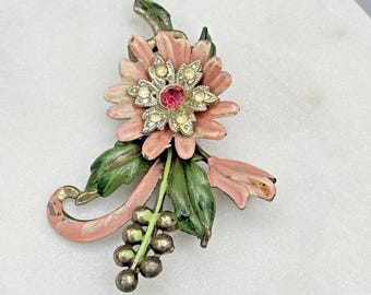 Vintage Pot Metal Brooch Enamel Flowers Rhinestone Silver Tone