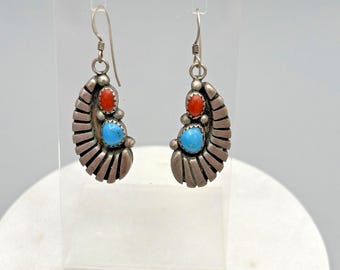 Vintage Sterling Silver Turquoise and Coral Dangle Earrings 925 Runnning Bear