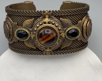 Vintage Bronze Mesh Cuff Bracelet Cabochon and Faceted Stones Ornate Heavy