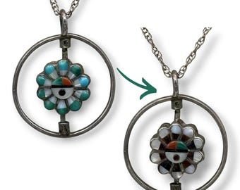 Vintage Zuni Sterling Silver Sun Face Inlay Spinner Pendant Reversible 925 18"