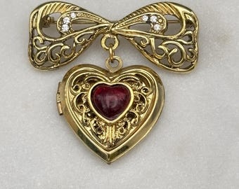 Vintage Heart Locket Dangle Brooch Bow Red Cabohon Heart Goldtone