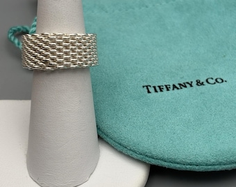 Tiffany & Co Sterling Silver Mesh Weave Somerset Ring Sz 6.5 with Pouch 10mm