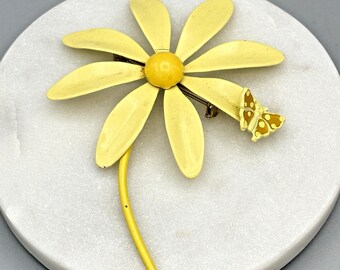 Vintage Enamel Flower Brooch with Butterfly Cheery Yellow MOD Pop Art