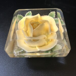 May include: A square, clear resin paperweight containing a single, pale yellow rose at its center. The rose is surrounded by small, light green leaves embedded within the transparent material, creating a three-dimensional floral display.