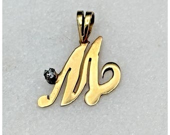 Vintage Solid 14K Yellow Gold Initial M Pendant with Natural Diamond