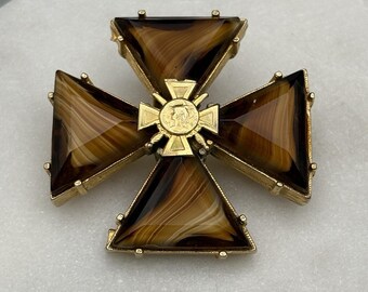 Accessocraft Maltese Cross Brooch Goldtone Brown Glass Gothic Statement Pin