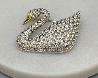 Vintage Swarovski Signature Swan Pin with Pave Clear Crystals Gold Accents