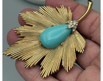 Vintage Crown Trifari Brooch Faux Turquoise Gold Tone Leaf 1950s Rhinestones