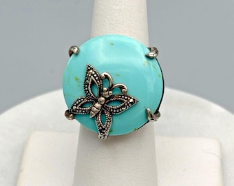 Vintage Sterling Silver Turquoise Butterfly Ring 925 Size 7 Marcasites Chunky