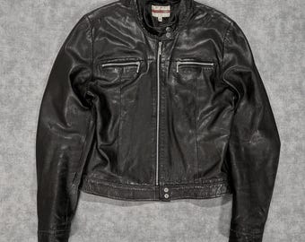 Oasis black real leather Moto cropped grunge biker jacket motorcycle womens 4-6