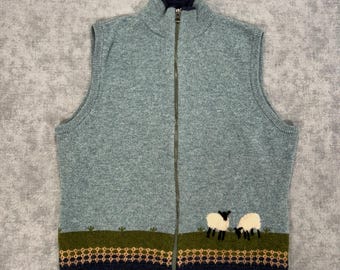 Chaleco de punto con cremallera completa y estampado de ovejas de lana de cordero VTG Woolrich, estilo rústico, talla L para mujer.