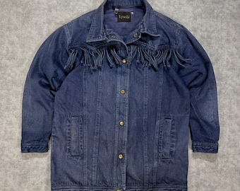 VTG 90s Learsi western fringe trim rodeo cowgirl denim jacket long womens M