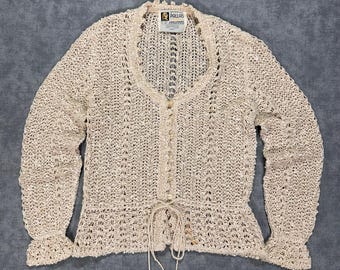 VTG 70er Jahre Pallas Original Reines irisches Leinen handgewebte offene Strickjacke Wms S