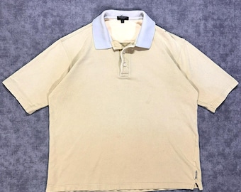 Vintage Burberry London poloshirt voor heren, maat L, gemaakt in Engeland, 100% katoen piqué, beige.