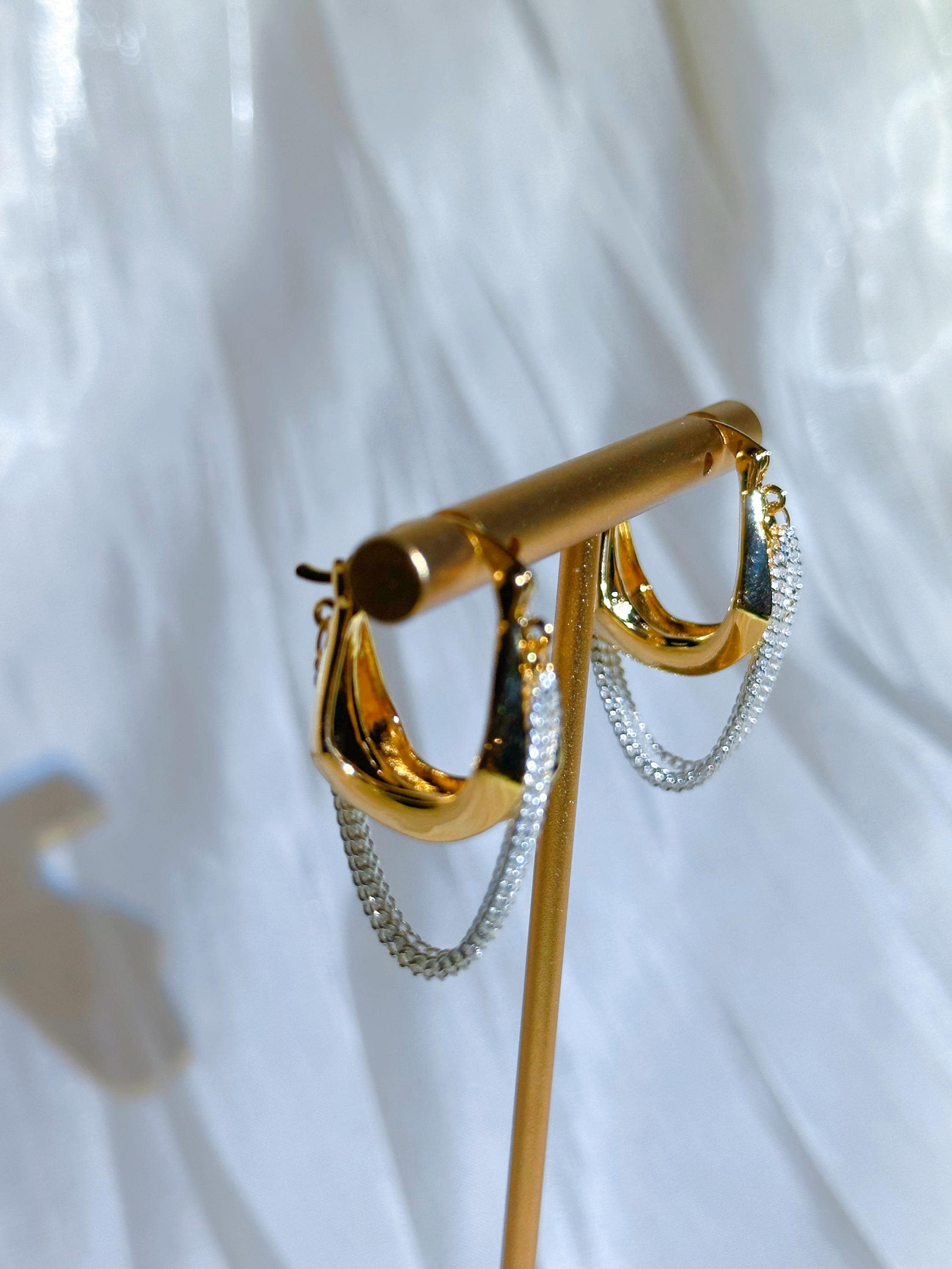 Gold Hoop Earrings with Silver Chain – Chunky Dual-Tone Drop Hoops – Bold Statement Earrings for Night Out or Everyday Glam