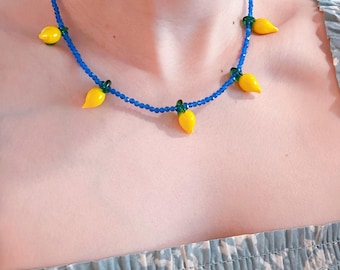 Lemon Drop Beaded Necklace – Handmade Summer Fruit Charm Choker in Blue and Yellow