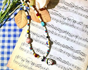 Colorful Spring and Summer Beaded Necklace with Whimsical Clown Charm Playful Boho Jewelry