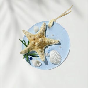 Peut inclure: Une décoration ronde bleu clair avec une étoile de mer blanche, des coquillages blancs et des perles blanches. La décoration est munie d'une ficelle blanche.