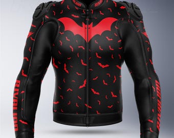 Flying BAT Motorcycle Black and Red Leather Racing Jacket: Custom Design, Removable Protection