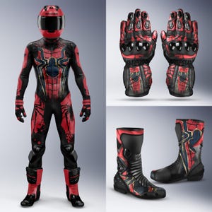 Puede incluir: Un traje de carreras de motociclismo rojo y negro, casco, guantes y botas. El traje presenta un diseño de telaraña con detalles dorados. El casco es rojo con una visera negra. Los guantes y las botas tienen diseños a juego.