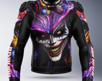 May include: A black and purple motorcycle jacket with a graphic of a grinning face. The jacket has black sleeves, shoulder pads, and the word "RIVALION" printed on the sleeves. The design features a cosmic, colorful background.