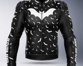 Flying BAT Motorcycle Black and White Leather Racing Jacket: Custom Design, Removable Protection
