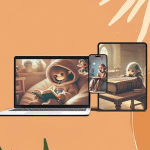 Może przedstawiać: Laptop, smartfon i tablet wyświetlają obrazy postaci z kreskówek czytających książki. Ekran laptopa pokazuje postać w bluzie z kapturem czytającą książkę, siedząc w fotelu typu pufa. Ekran smartfona pokazuje postać w niebieskiej szacie czytającą książkę. Ekran tabletu pokazuje postać w zielonej sukni czytającą książkę.