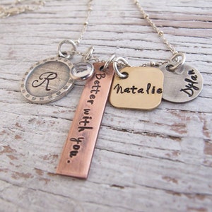 Personalized Mother's Necklace, Mixed Metals Charms, Hand Stamped Jewelry, Grandma Necklace, Kids Name Necklace, Gift for Her